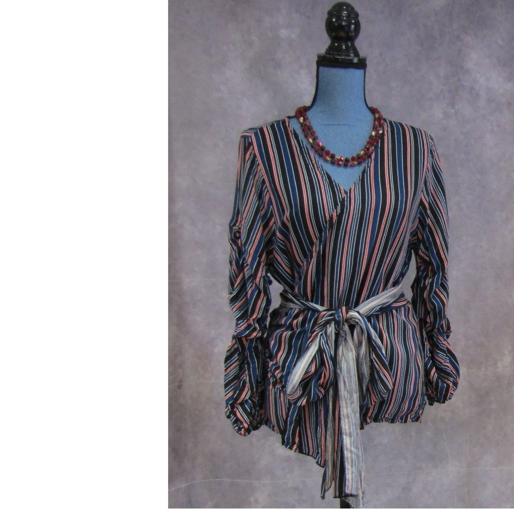 Lilian Wrap Blouse Black Blue Orange Size 1X